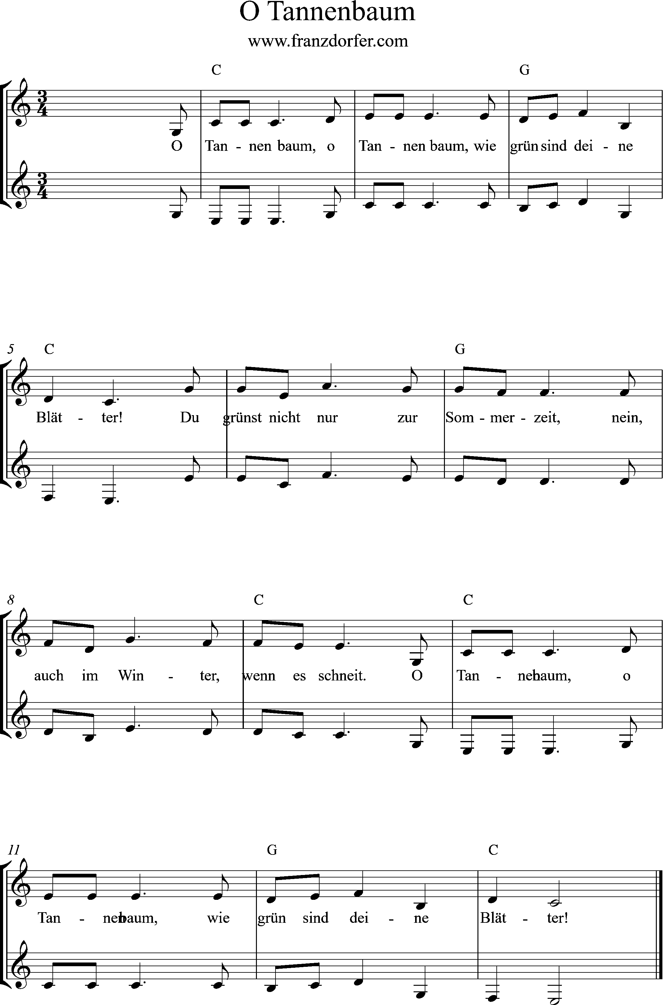Noten O tannenbaum, C-Dur- tief, Klarinette Anfänger